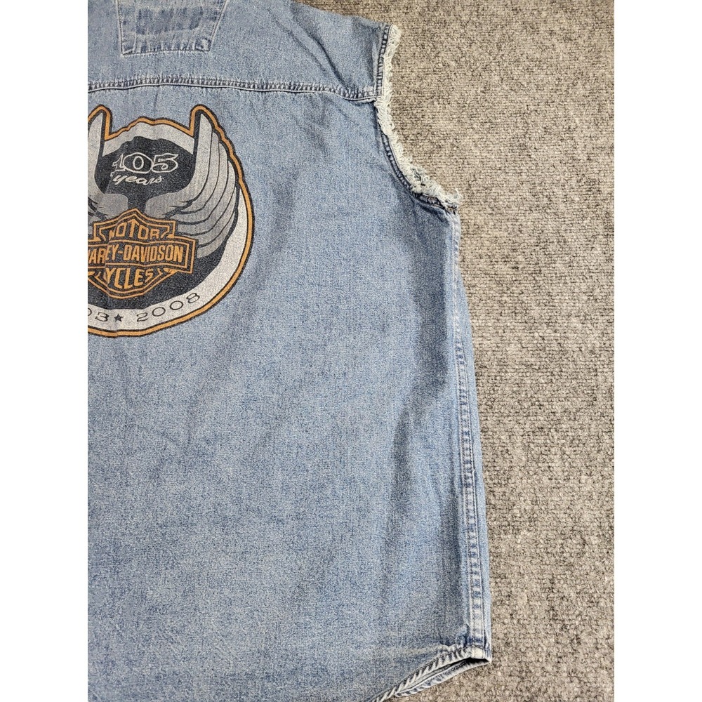 105th Anniversary Harley Davidson Denim Button Front Top Vest Mens XL 2008 Biker - Picture 11 of 16